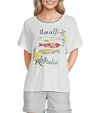 Democracy Petite Size Embroidered Amalfi Coast Italy Crew Neck Short Sleeve Graphic Tee
