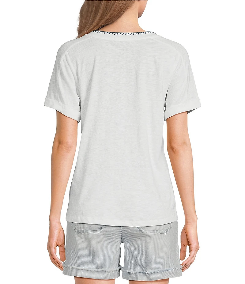 Democracy Petite Size Embroidered Amalfi Coast Italy Crew Neck Short Sleeve Graphic Tee