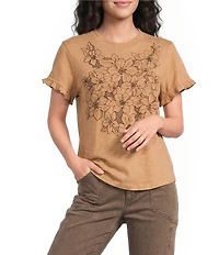 Democracy Petite Size Embroidered Crew Neck Ruffle Short Sleeve Top