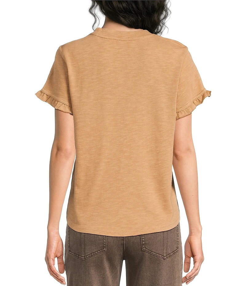 Democracy Petite Size Embroidered Crew Neck Ruffle Short Sleeve Top