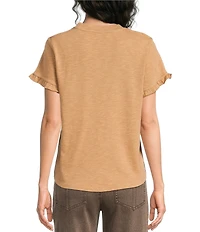Democracy Petite Size Embroidered Crew Neck Ruffle Short Sleeve Top