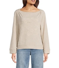 Democracy Petite Size Embroidered Floral Boat Neck Long Bell Sleeve Knit Top