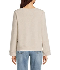 Democracy Petite Size Embroidered Floral Boat Neck Long Bell Sleeve Knit Top