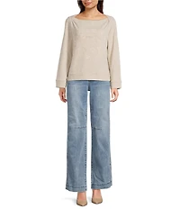 Democracy Petite Size Embroidered Floral Boat Neck Long Bell Sleeve Knit Top