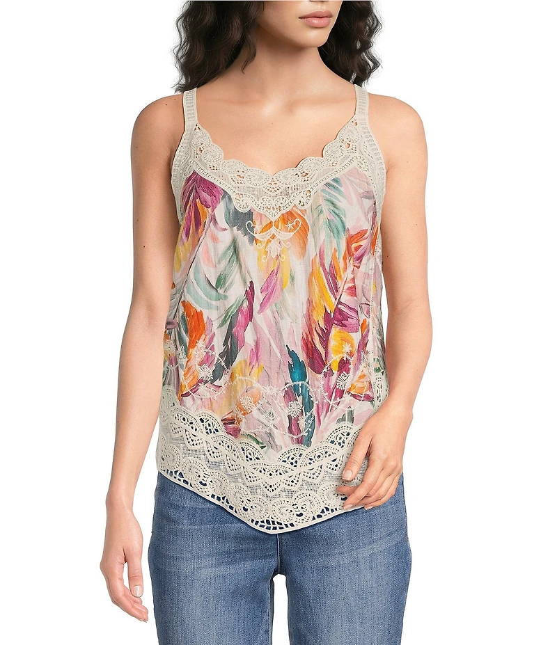 Democracy Petite Size Embroidered Floral Crochet Scalloped V-Neck Sleeveless Asymmetric Hem Tank Top