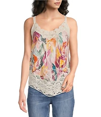 Democracy Petite Size Embroidered Floral Crochet Scalloped V-Neck Sleeveless Asymmetric Hem Tank Top