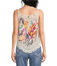 Democracy Petite Size Embroidered Floral Crochet Scalloped V-Neck Sleeveless Asymmetric Hem Tank Top
