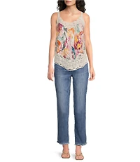 Democracy Petite Size Embroidered Floral Crochet Scalloped V-Neck Sleeveless Asymmetric Hem Tank Top