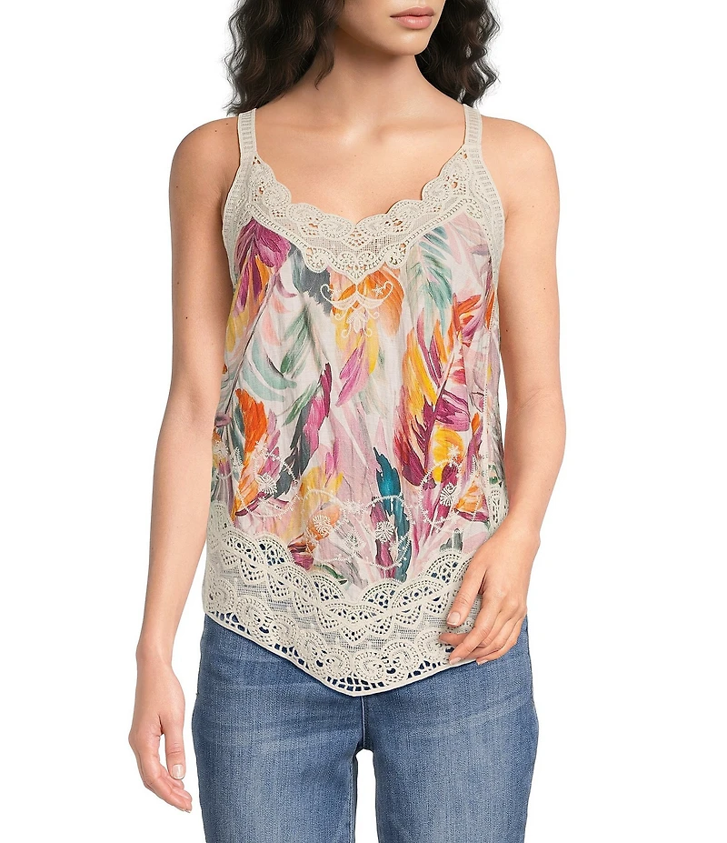 Democracy Petite Size Embroidered Floral Crochet Scalloped V-Neck Sleeveless Asymmetric Hem Tank Top