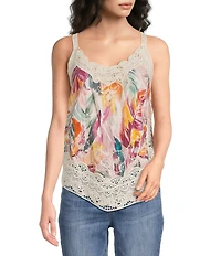 Democracy Petite Size Embroidered Floral Crochet Scalloped V-Neck Sleeveless Asymmetric Hem Tank Top