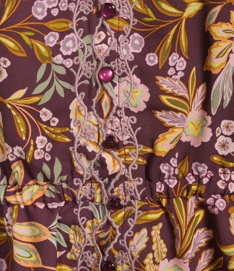 Democracy Petite Size Embroidered Floral V-Neck Tie Sleeve Top