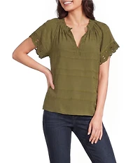 Democracy Petite Size Embroidered Ruffle Split V-Neck Short Sleeve Top