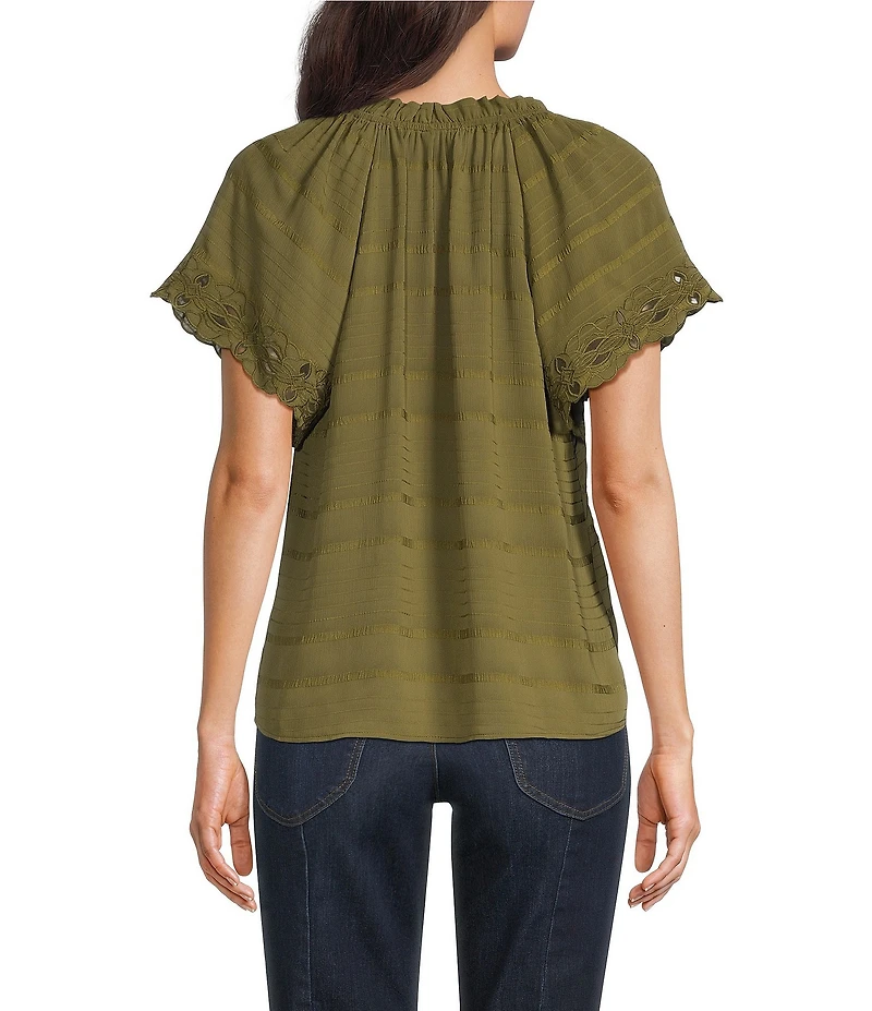 Democracy Petite Size Embroidered Ruffle Split V-Neck Short Sleeve Top