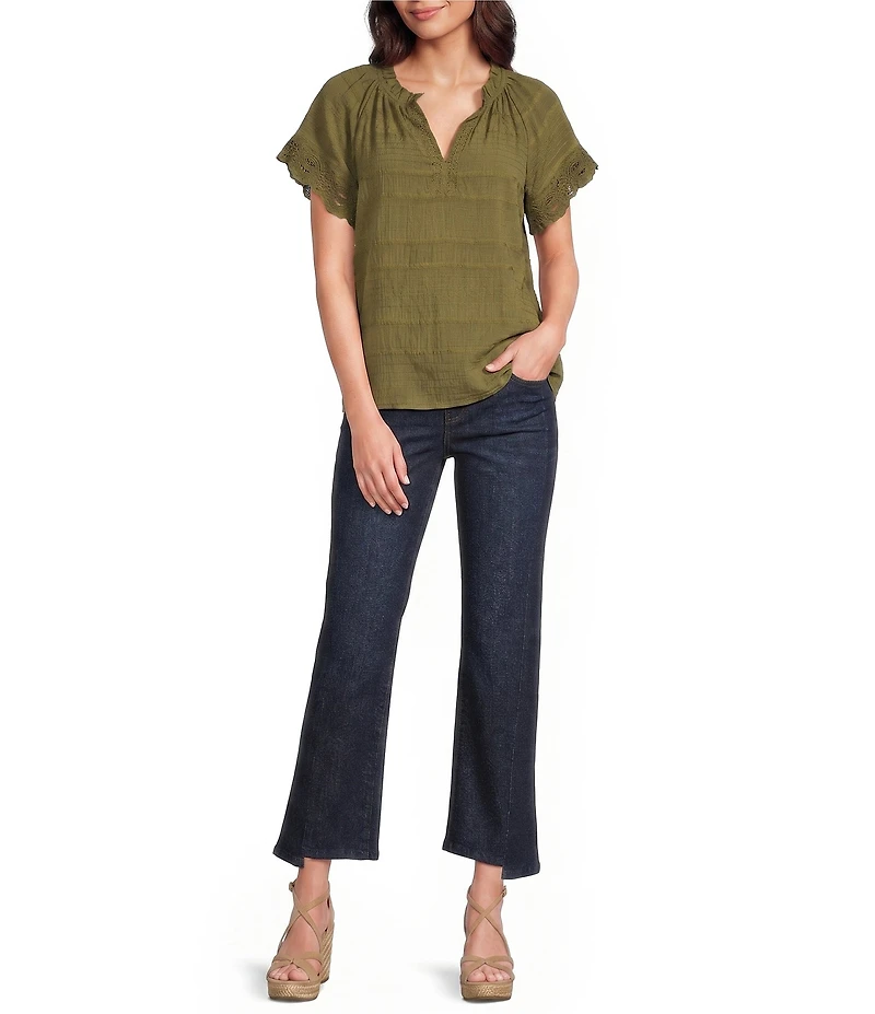 Democracy Petite Size Embroidered Ruffle Split V-Neck Short Sleeve Top