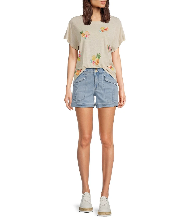 Democracy Petite Size Embroidered Fruit Crew Neck Short Sleeve Boy Tee Top