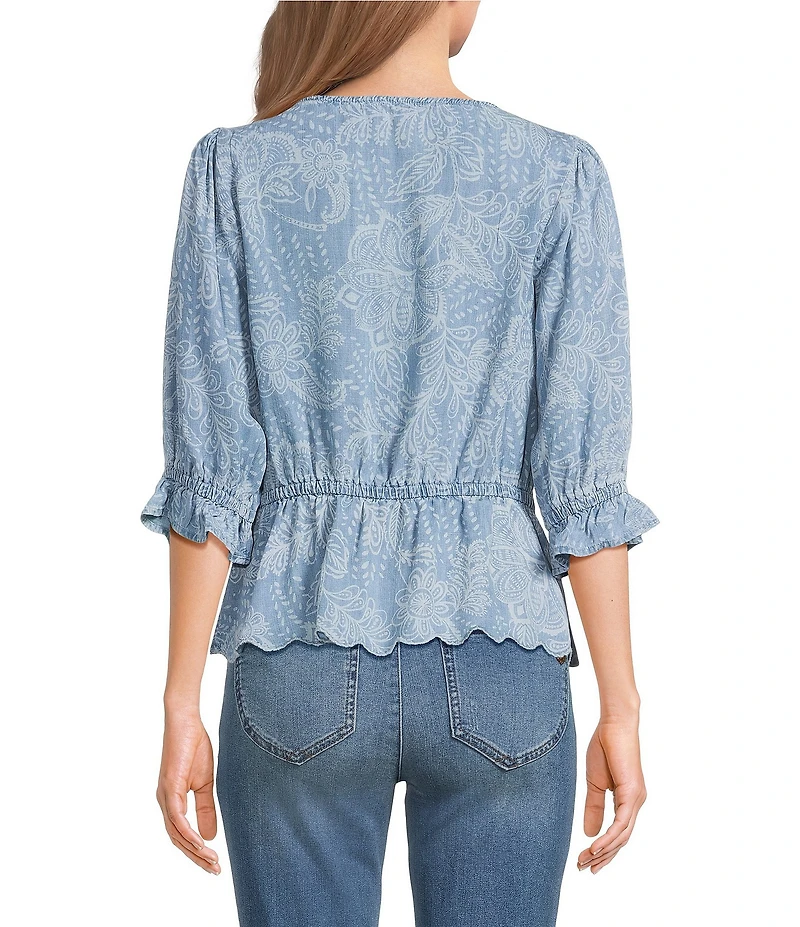 Democracy Petite Size Floral Paisley V-Neck Elbow Sleeve Peplum Top