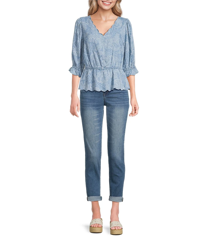 Democracy Petite Size Floral Paisley V-Neck Elbow Sleeve Peplum Top