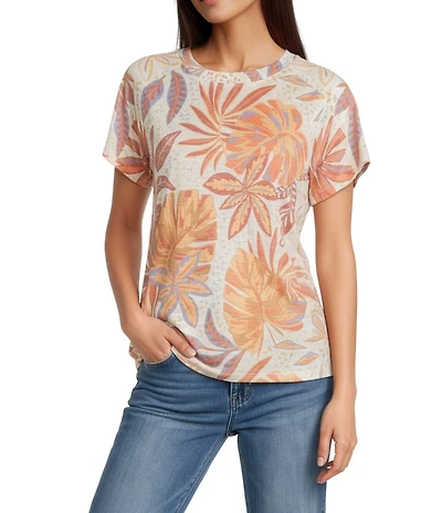 Democracy Petite Size Floral Palm Placement Print Crew Neck Short Sleeve Boyfriend Tee Shirt