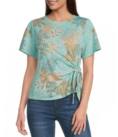 Democracy Petite Size Floral Palm Print Crew Neck Short Sleeve Side Tie Knit Top