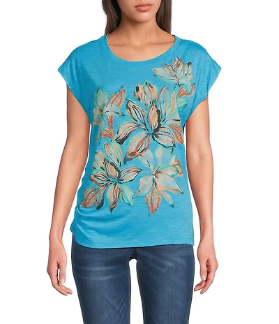 Democracy Petite Size Flower Screen Print Scoop Neck Cap Sleeve Knit Top