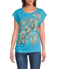 Democracy Petite Size Flower Screen Print Scoop Neck Cap Sleeve Knit Top