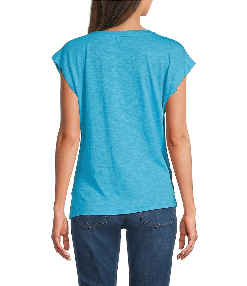 Democracy Petite Size Flower Screen Print Scoop Neck Cap Sleeve Knit Top