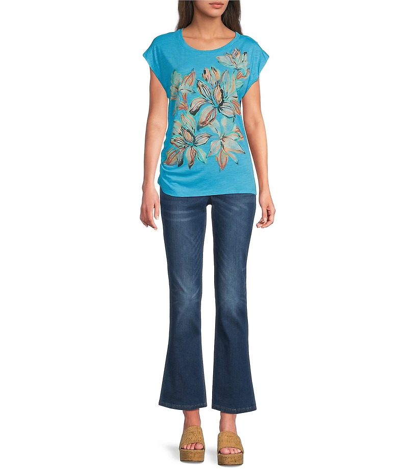 Democracy Petite Size Flower Screen Print Scoop Neck Cap Sleeve Knit Top