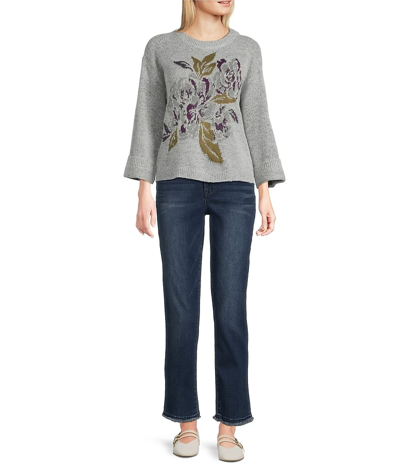 Democracy Petite Size Jacquard Floral Ribbed Round Neck Long Sleeve Sweater