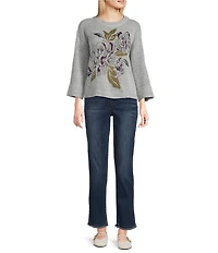 Democracy Petite Size Jacquard Floral Ribbed Round Neck Long Sleeve Sweater