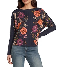 Democracy Petite Size Knit Floral Boat Neck Long Batwing Sleeve Top