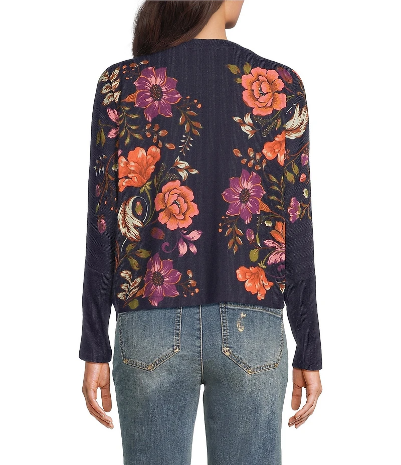 Democracy Petite Size Knit Floral Boat Neck Long Batwing Sleeve Top