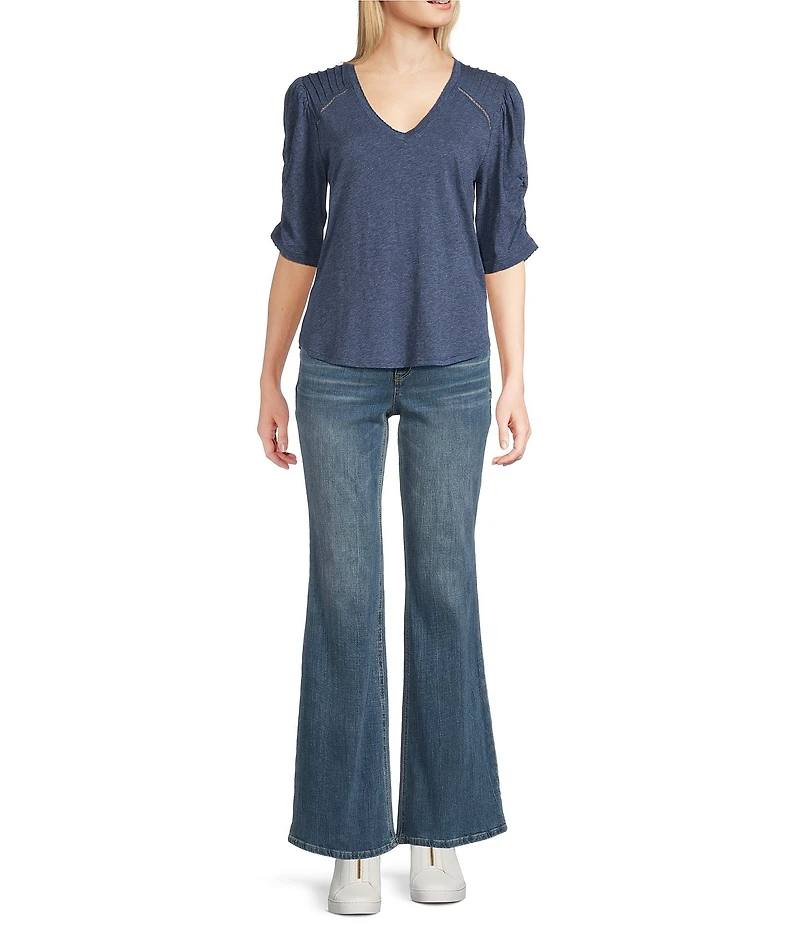 Democracy Petite Size Knit Scallop V-Neck Elbow Ruched Sleeve Crochet Detail Top