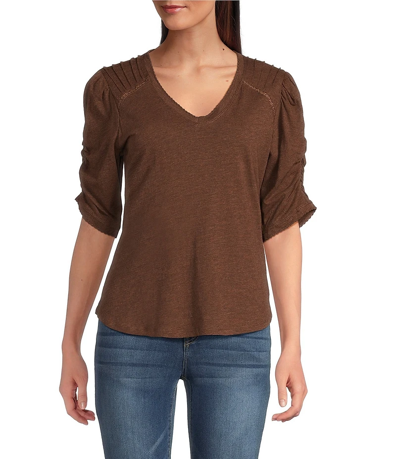 Democracy Petite Size Knit Scallop V-Neck Elbow Ruched Sleeve Crochet Detail Top