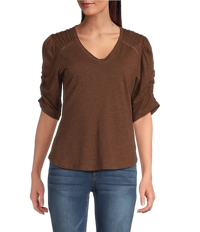 Democracy Petite Size Knit Scallop V-Neck Elbow Ruched Sleeve Crochet Detail Top