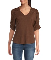 Democracy Petite Size Knit Scallop V-Neck Elbow Ruched Sleeve Crochet Detail Top