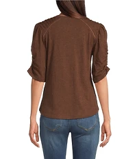 Democracy Petite Size Knit Scallop V-Neck Elbow Ruched Sleeve Crochet Detail Top