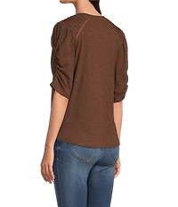 Democracy Petite Size Knit Scallop V-Neck Elbow Ruched Sleeve Crochet Detail Top