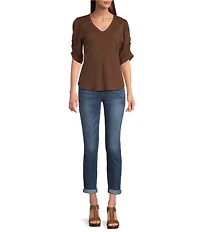 Democracy Petite Size Knit Scallop V-Neck Elbow Ruched Sleeve Crochet Detail Top