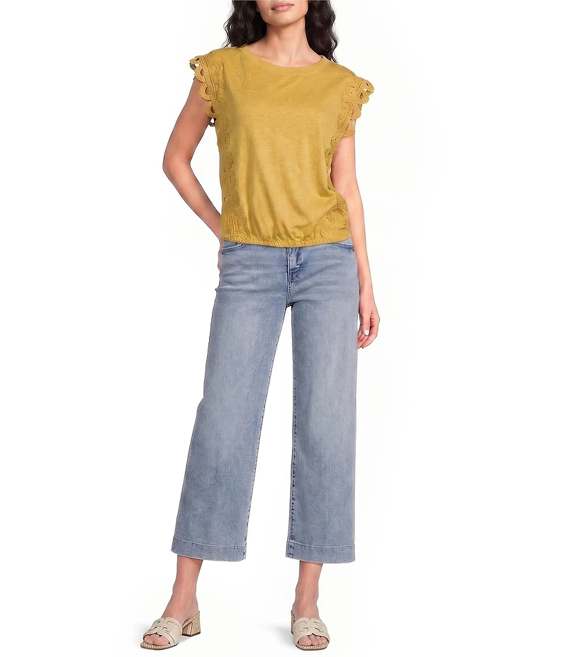 Democracy Petite Size Knit Scoop Neck Scalloped Crochet Cap Sleeve Bubble Hem Top