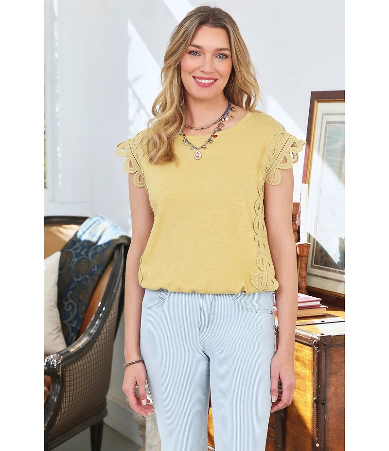 Democracy Petite Size Knit Scoop Neck Scalloped Crochet Cap Sleeve Bubble Hem Top