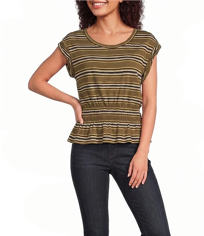 Democracy Petite Size Knit Stipe Scoop Neck Rolled Cap Sleeve Peplum Top