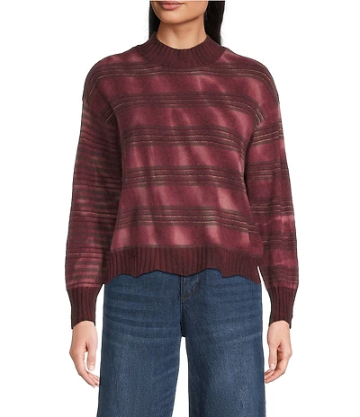 Democracy Petite Size Knit Tie-Dye Stripe Mock Neck Long Sleeve Scalloped Hem Sweater