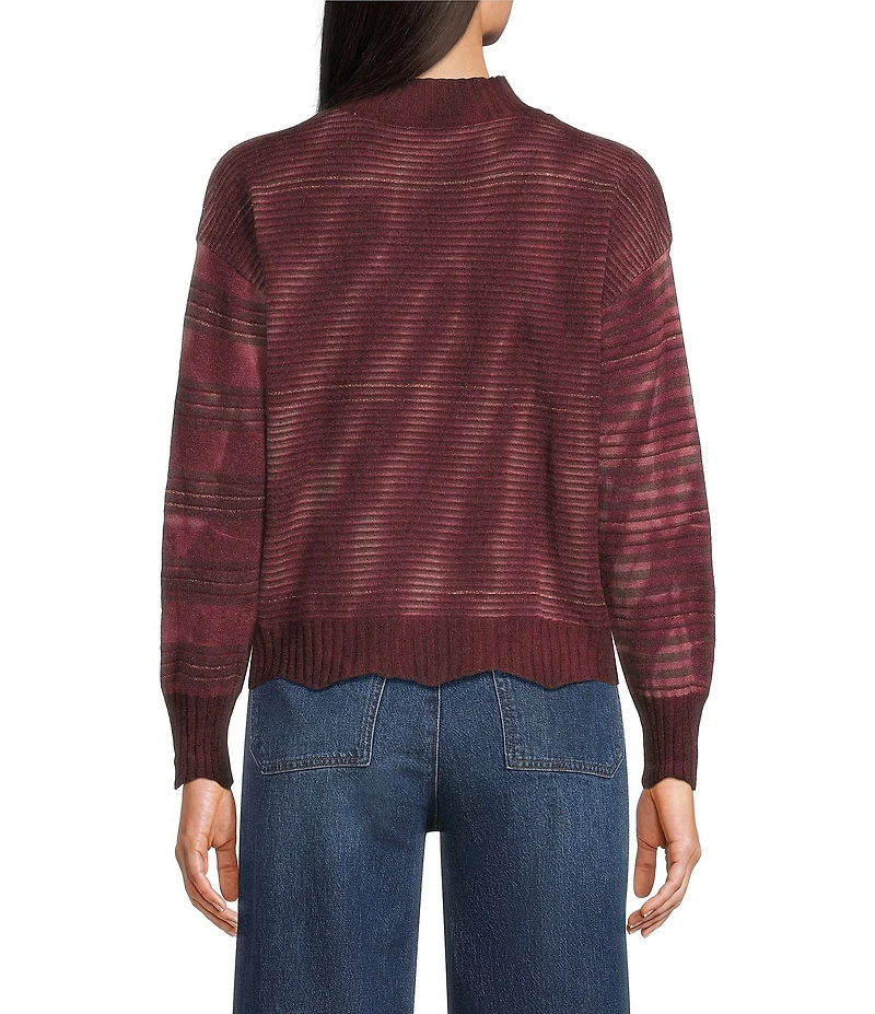 Democracy Petite Size Knit Tie-Dye Stripe Mock Neck Long Sleeve Scalloped Hem Sweater