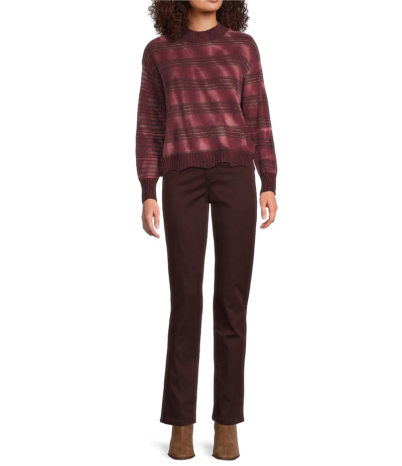 Democracy Petite Size Knit Tie-Dye Stripe Mock Neck Long Sleeve Scalloped Hem Sweater
