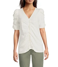 Democracy Petite Size Knit V-Neck Shirred Puff Elbow Sleeve Top
