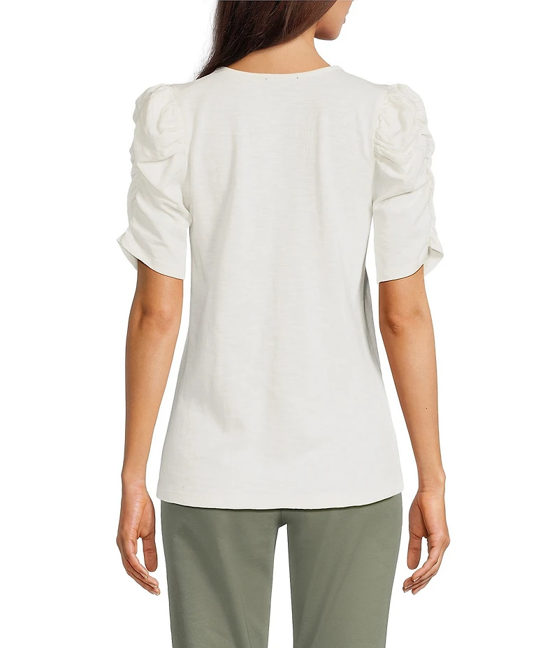 Democracy Petite Size Knit V-Neck Shirred Puff Elbow Sleeve Top
