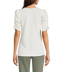 Democracy Petite Size Knit V-Neck Shirred Puff Elbow Sleeve Top