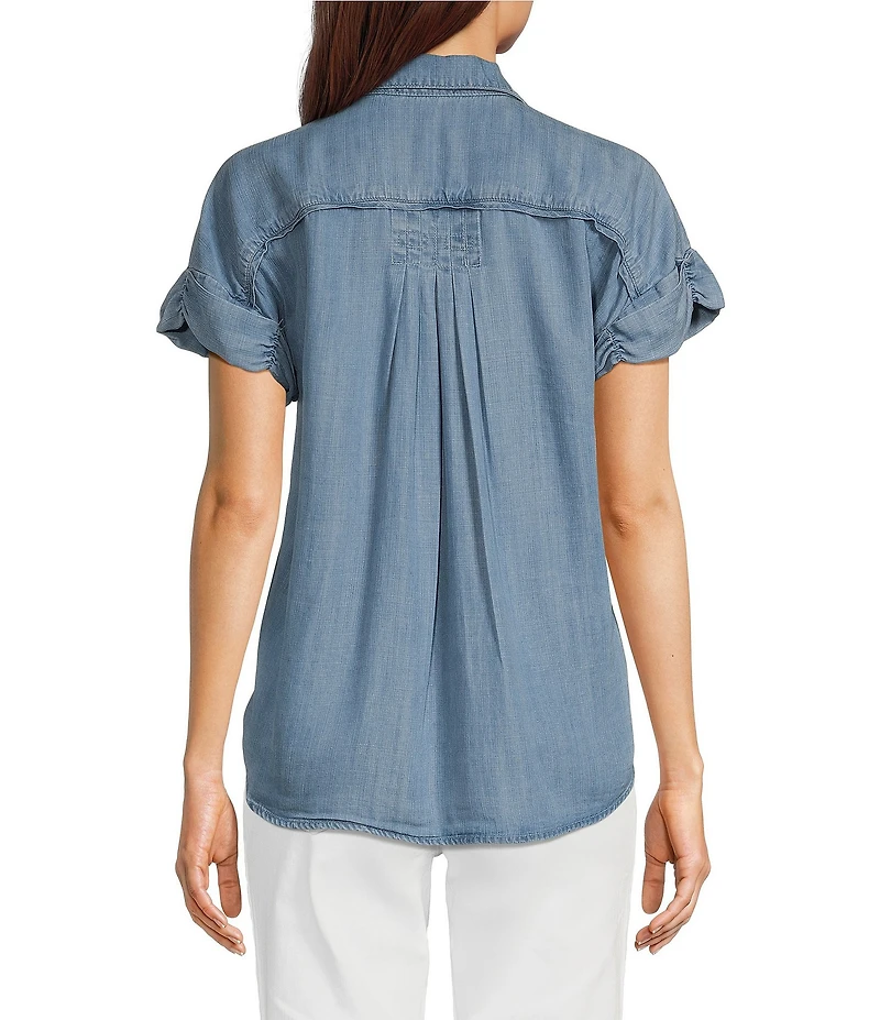 Democracy Petite Size Lyocell Point Collar Ruched Short Sleeve Pleated Shirt