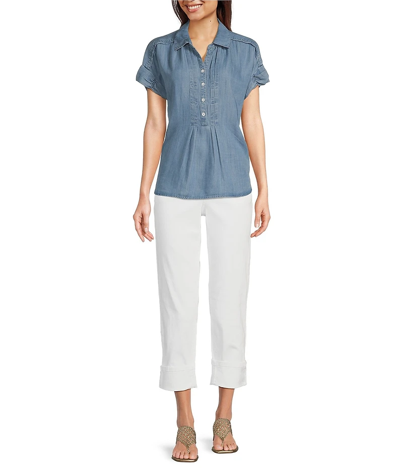 Democracy Petite Size Lyocell Point Collar Ruched Short Sleeve Pleated Shirt