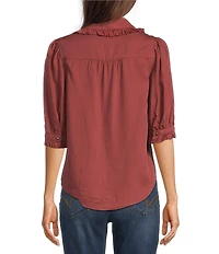 Democracy Petite Size Lyocell Ruffle Edge Collar Elbow Sleeve Button Front Top